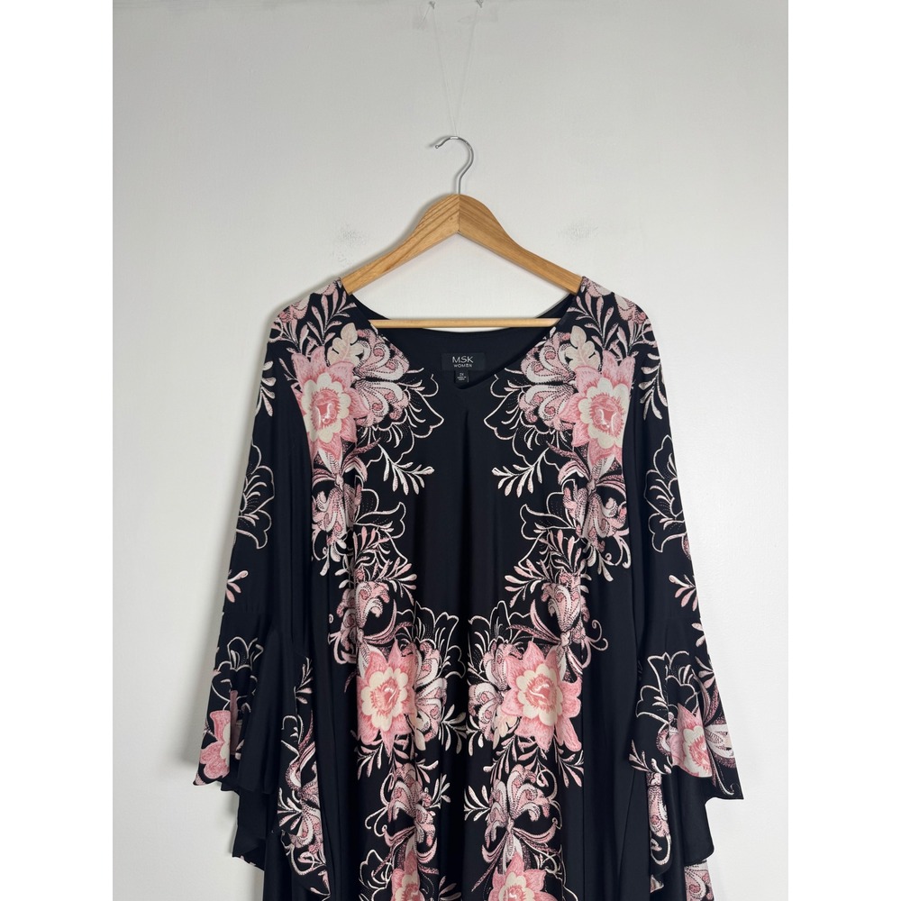Boho MSK Women 2X Shift Dress Black Pink Floral Tiered Bell Sleeve Embroidered - Picture 9 of 9